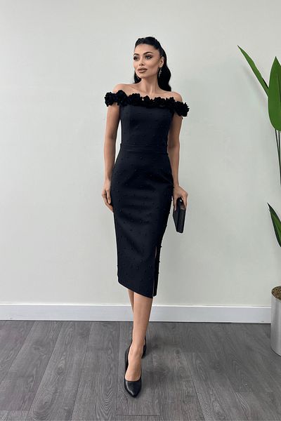 giyimmasalı Atlas Fabric Floral Pearl Detail Pencil Dress - Black