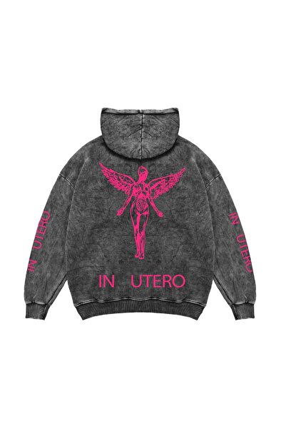 Bak Moda Nirvana In Utero Рожевий принт Oversize Unisex Праний чорний худі