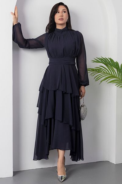 PULLIMM Rochie din șifon cu mâneci lungi cu guler vertical DKS1010
