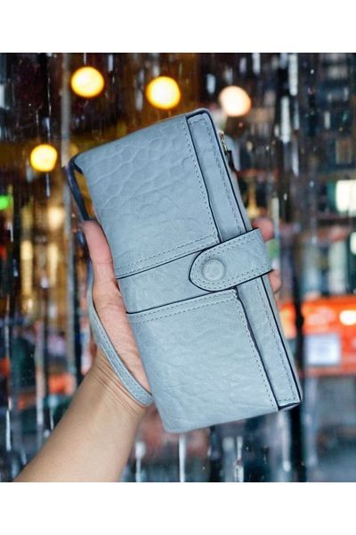 KY Portofel de damă din piele moale albastră - Suport card de dimensiuni mari