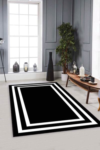 RugViva Kaymaz Tabanlı Halı Modern Klasik MK19 Siyah