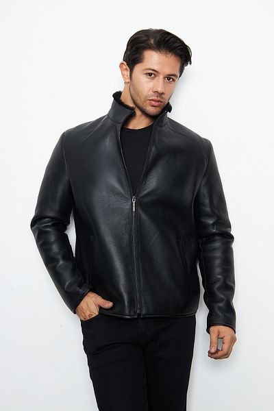 By Marki Marki 75 cm Men's Black Genuine Leather Coat - Waterproof, Zip-Up, Fur Inside