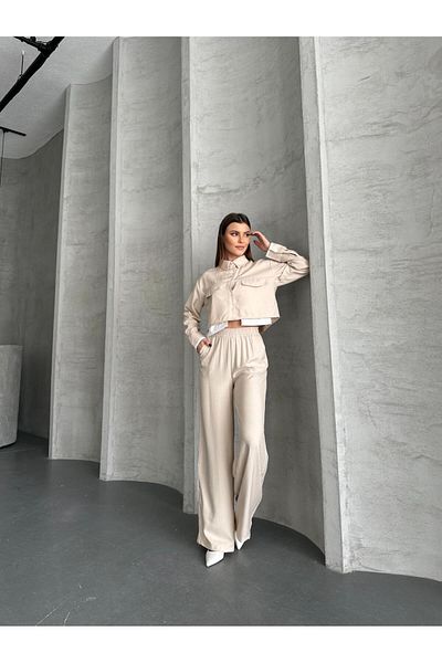 VOLT CLOTHİNG Women's Pocket Detailed Wide Leg Crop Shirt Set