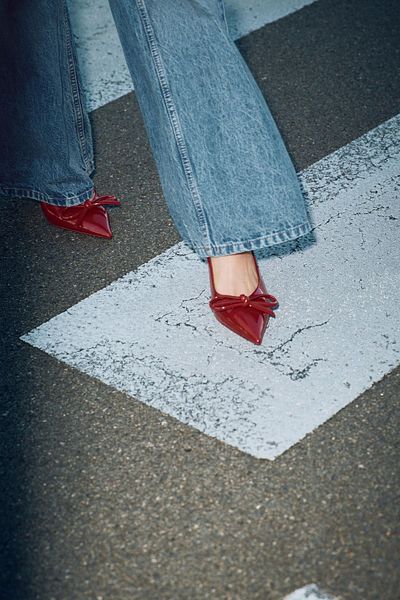 MYVOLANTE Red Patent Leather Bow Detailed Short Heeled Women's Shoes