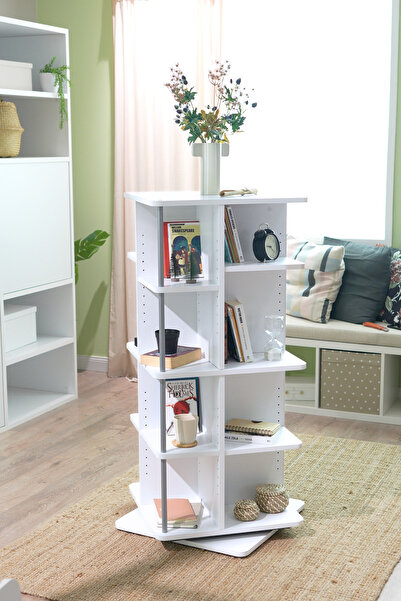 Creo Mobili Astrum Kitaplık, Çocuk Odası İçin Döner Kitaplık, 4 Katlı 16 Raflı Kitaplık - Modüler Tasarım, Beyaz