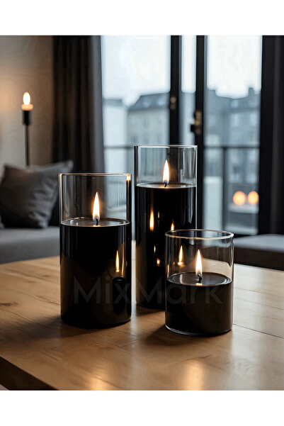 Paşabahçe 3lü Silindir Mumluk ve 3 Kokulu Silindir Siyah Mum- Söz-Organizasyon- Özel Gün- Dekor