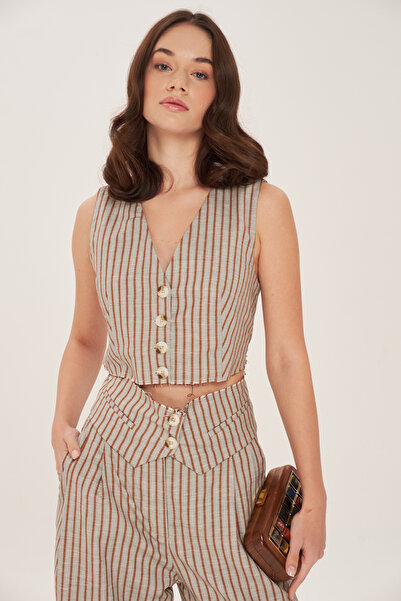 Eda Taşpınar Palazzo Vest and Striped Pants Set - Cut Out Detail, Teks-00059