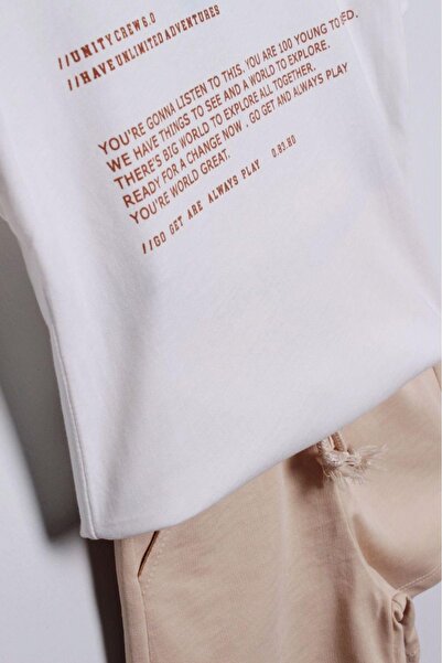 minibambi Boy's Ecru Crew Neck Printed Cotton Suit