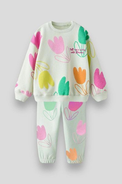 minibambi Girl's Green Floral Patterned Winter 3 Thread Cotton Sweatshirt Tracksuit Top and Bottom Set