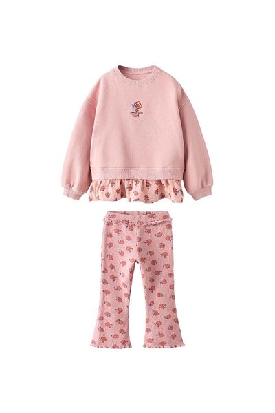 minibambi Girl's Floral Printed Embroidery Detailed Bottom Top Set Pink