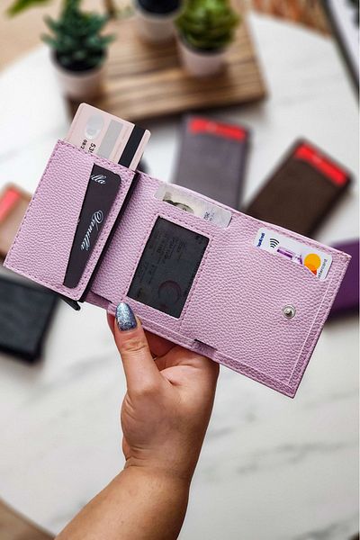 VANİLLA COLLECTİON Automatic Mechanism Leather Wallet Card Holder Portfolio Lilac