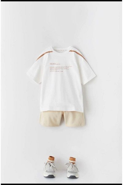 minibambi Boy's Ecru Crew Neck Printed Cotton Suit