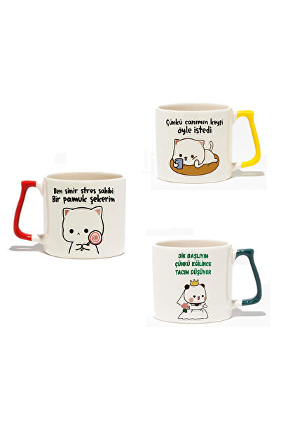 GünayStore ÇÜNKÜ CANIMIN KEYFİ ÖYLE İSTEDİ  YAZI BASKILI KAHVE MOTTOLU 3 ADET MAVİ KIRMIZI SARI KULPLU KUPA