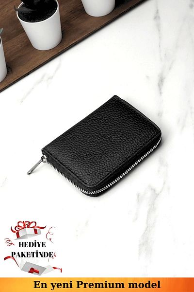 VANİLLA COLLECTİON Unisex Vegan δερμάτινο μαύρο πορτοφόλι με φερμουάρ σε θήκη κάρτας και πακέτο δώρου χαρτοφυλακίου