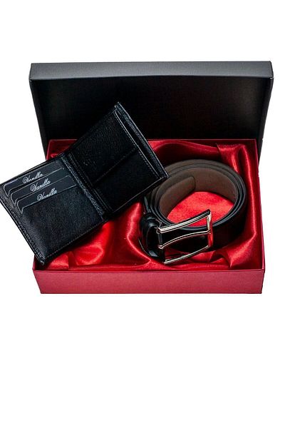 VANİLLA COLLECTİON Кожен портфейл Веган кожен колан Подаръчен комплект Специален комплект Кутия Черен