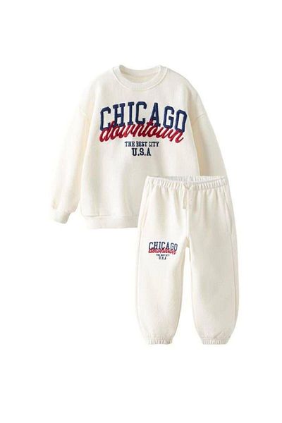 bubukidsbaby Boy's Cotton Sweatshirt and Sweatpants Set - Printed, No Raster, Cream
