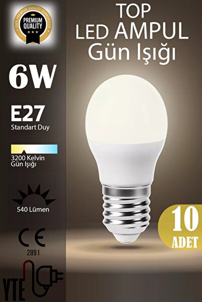 YTE 10 Adet  Kaliteli Gün Işığı 6W Top Led Ampul E27 Duy