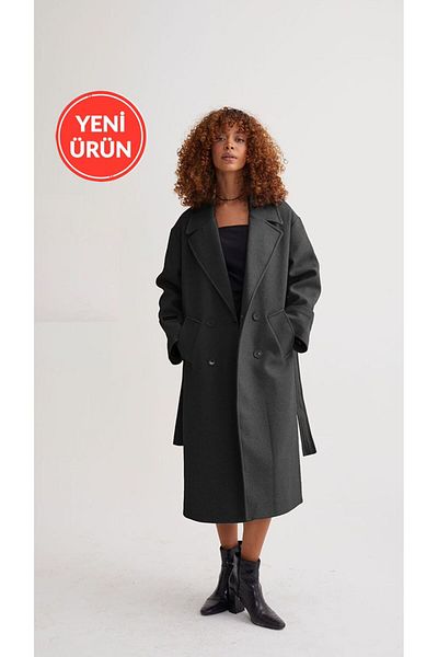 Perryes Smoked Color Oversize Long Coat - Layered Neckline and Button, Fold Sleeve Detail
