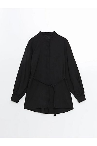 LC Waikiki Lcw Modest Black Prevailing Collar Linen Blend Women's Shirt Tunic