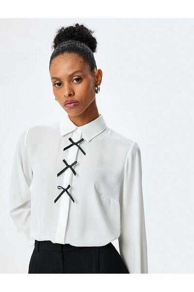 Koton Bow Detailed Long Sleeve Classic Collar Shirt