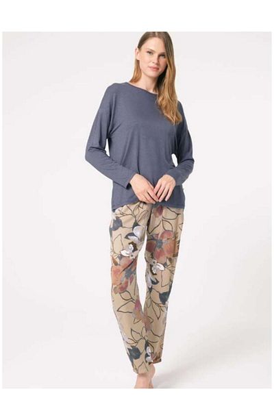 Anıl 9836 Long Sleeve Crew Neck Viscose Floral Print Winter Knitted Regular Waist Lace Detail Pajamas Set