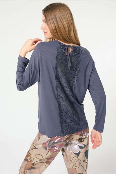 Anıl 9836 Long Sleeve Crew Neck Viscose Floral Print Winter Knitted Regular Waist Lace Detail Pajamas Set