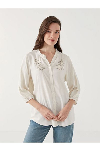 LC Waikiki Bluză de damă LCW Grace Beige cu guler evazat, amestec de in floral