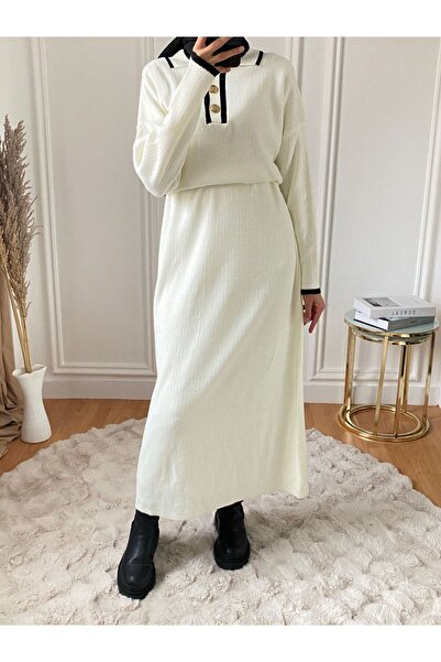 Müq Buttoned Piping Detail Long Knit Dress