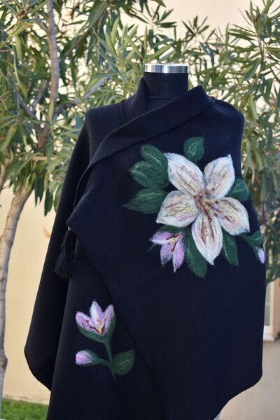 AYNALI BOHÇA Kadın Siyah Yün Keçeleme Triko Etol Şal