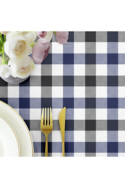 Evim Canvas Checkered Liquid Proof Stain Resistant Tablecloth Navy Blue