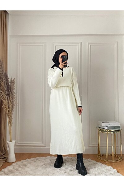 Müq Buttoned Piping Detail Long Knit Dress