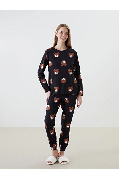 LC Waikiki LCW Young Siyah Bisiklet Yaka Baskılı Kadın Pijama Takımı LCWK STORE