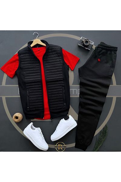 Risil-Nu Company Black Quilted Vest and Red T-Shirt - 3-Piece Summer Sweatpants Set