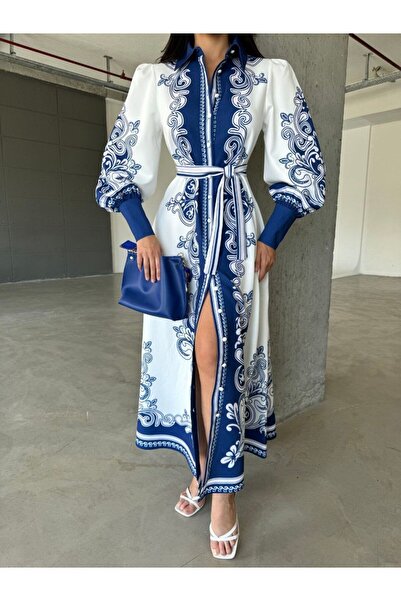 WellWay Cămașă din țesătură Babel importată Rochie albastră cu detaliu cu nasturi (INCLUSIV CUREA)