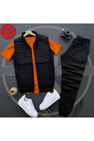 Risil-Nu Company Basic Quilted Vest - Black Summer Sweatpants - Orange T-Shirt 3-Piece Bottom Top Set
