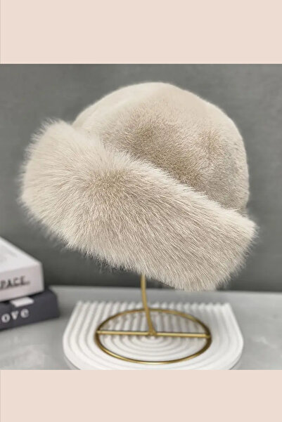 Begece Krem Premium Ithal Tüylü Peluş Şapka | Suni Kürklü Kışlık Kadın Şapkası