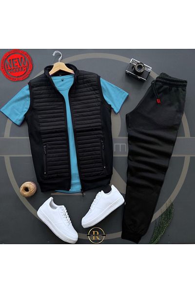 Risil-Nu Company Μαύρο καπιτονέ γιλέκο και μπλουζάκι Baby Blue - Καλοκαιρινό Σετ 3 Πάνω και Κάτω