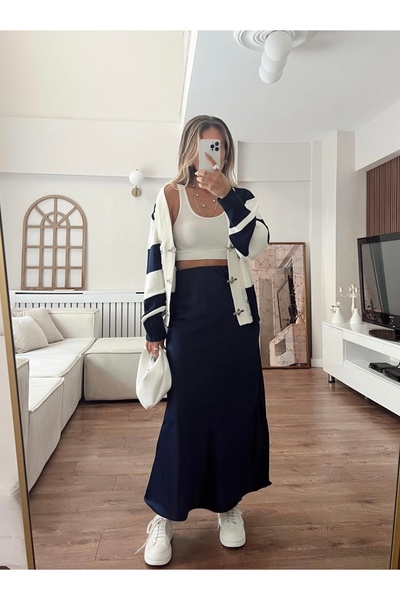 Mzr Collection Fusta lungă maxi din satin albastru bleumarin pentru femei