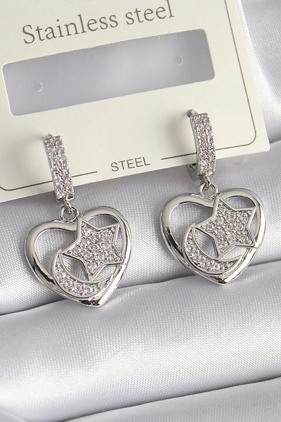Clariss Brass Silver Color Heart Model Zircon Stone Moon Star Embroidered Women's Earrings