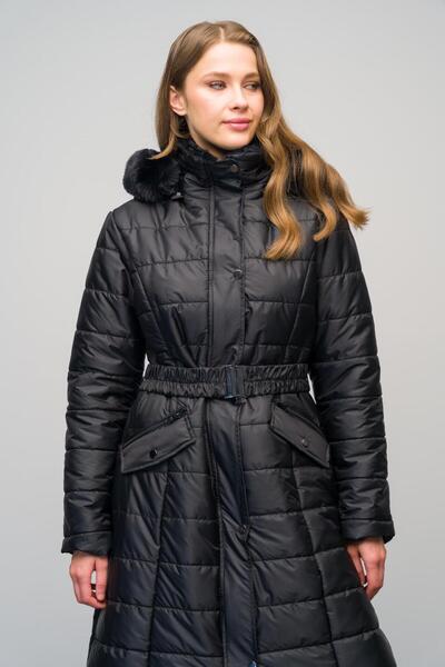 Olcay Černý prošívaný kabát – odepínací kapuce, kožešinový límec a zip 6623