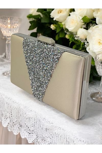 Biçanta Skin Nude Satin Silver Stone Βραδινό Τσάντα Βραδινή Τσάντα Αρραβώνα Τσάντα Γάμου