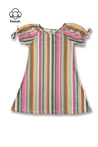 difa kids Colorful Striped Balloon Sleeve Girl's Summer Dress - Casual and Comfortable Design