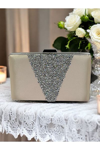 Biçanta Skin Nude Satin Silver Stone Βραδινό Τσάντα Βραδινή Τσάντα Αρραβώνα Τσάντα Γάμου