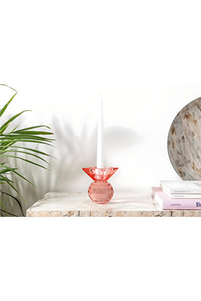 MOENAStudio Moena Studio Kristal Özel Kesim Somon Renkli Cam Mumluk