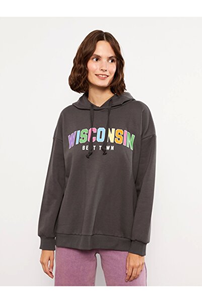 LC Waikiki LCW Vision Антрацитовий жіночий світшот з капюшоном і принтом, дов...