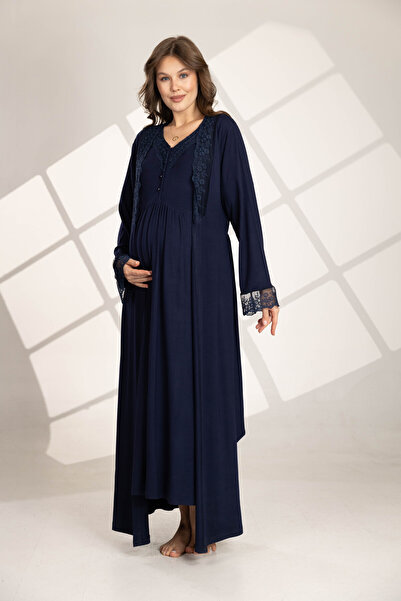 Rimel Homewear طقم ثوب نوم للحوامل مزين بالدانتيل باللون الأزرق الداكن