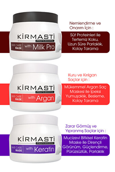 Kırmastı Profesyonel Saç Maskesi Milk Pro, Argan, Keratin 3'lü Set Avantaj Pa...