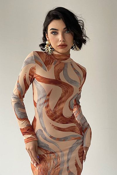 WOMAN VISION Γυναικείο σχέδιο με γεωμετρικό σχέδιο με ψηφιακή εκτύπωση ελαστικό ύφασμα με γιακά μίντι βραδινό φόρεμα 284