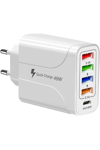 Fillikutum 48 Watt 5 Port 3.1A Güç Adaptörü 4 Port USB + 1 PD 18W Type-C Şarj...