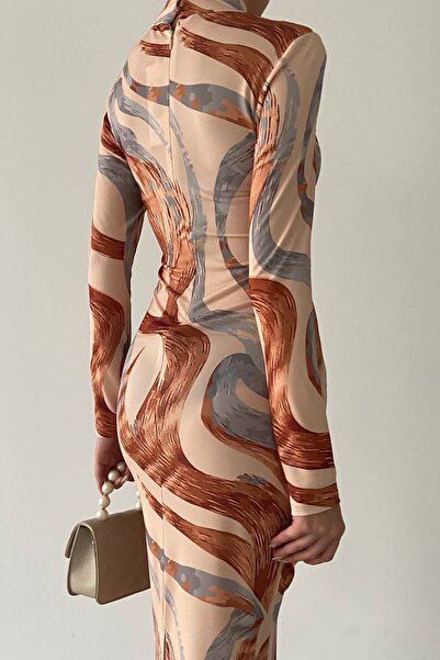 WOMAN VISION Kadın Geometrik Desen Tasarım Dijital Baskılı Esnek Kumaş Dik Yaka Midi Abiye Elbise 284